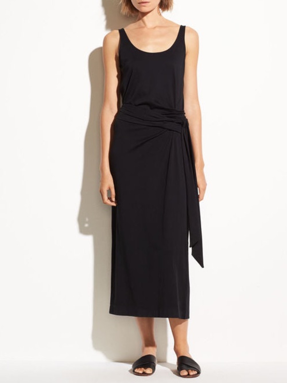 VINCE Sleeveless Wrap Dress Black Capsule Elevated Basic Pima Cotton L